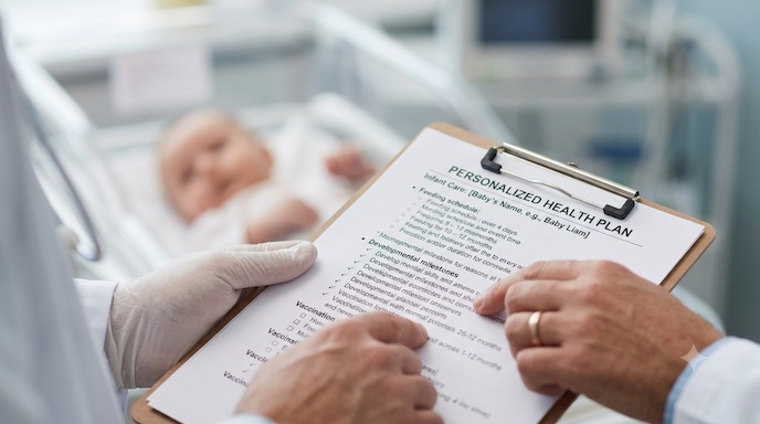 Doctor reviewing personalized newborn health plan with parents