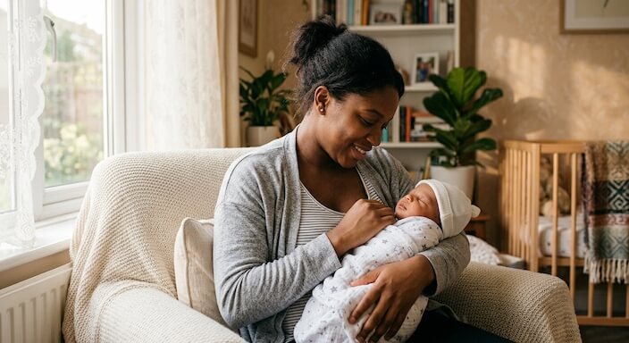 First-time mother cradling newborn baby, looking peaceful and connected