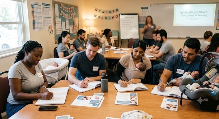 New parents attending a newborn care education workshop