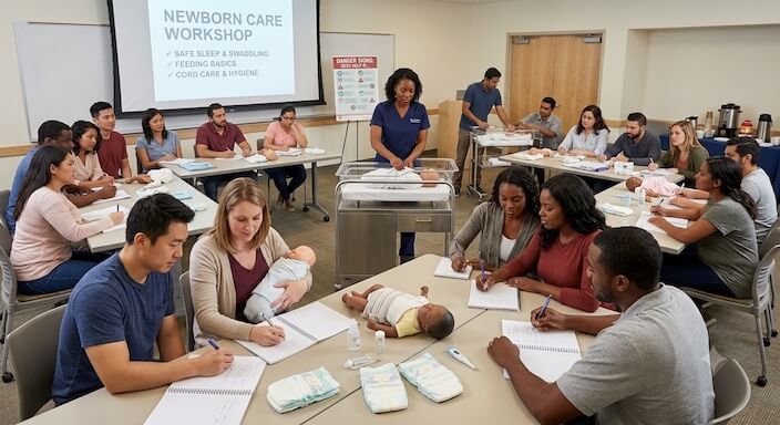 New parents learning newborn care tips in an educational workshop