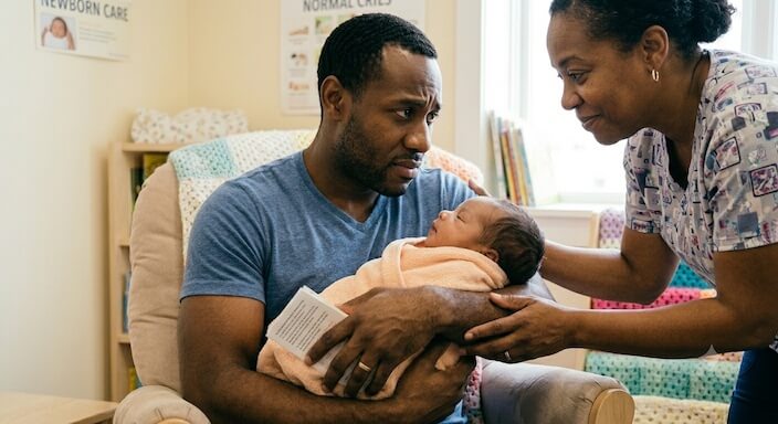Pediatrician performing gentle check-up on newborn, mother observing